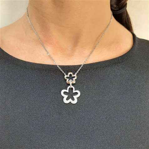 Collana Rodio Con Pendente Fiore E Zirconi Bianchi + in Argento 925